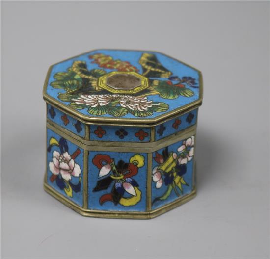 A Chinese cloisonne enamel octagonal box and cover, c.1900, decorated with the eight symbols of Good Fortune height 4cm